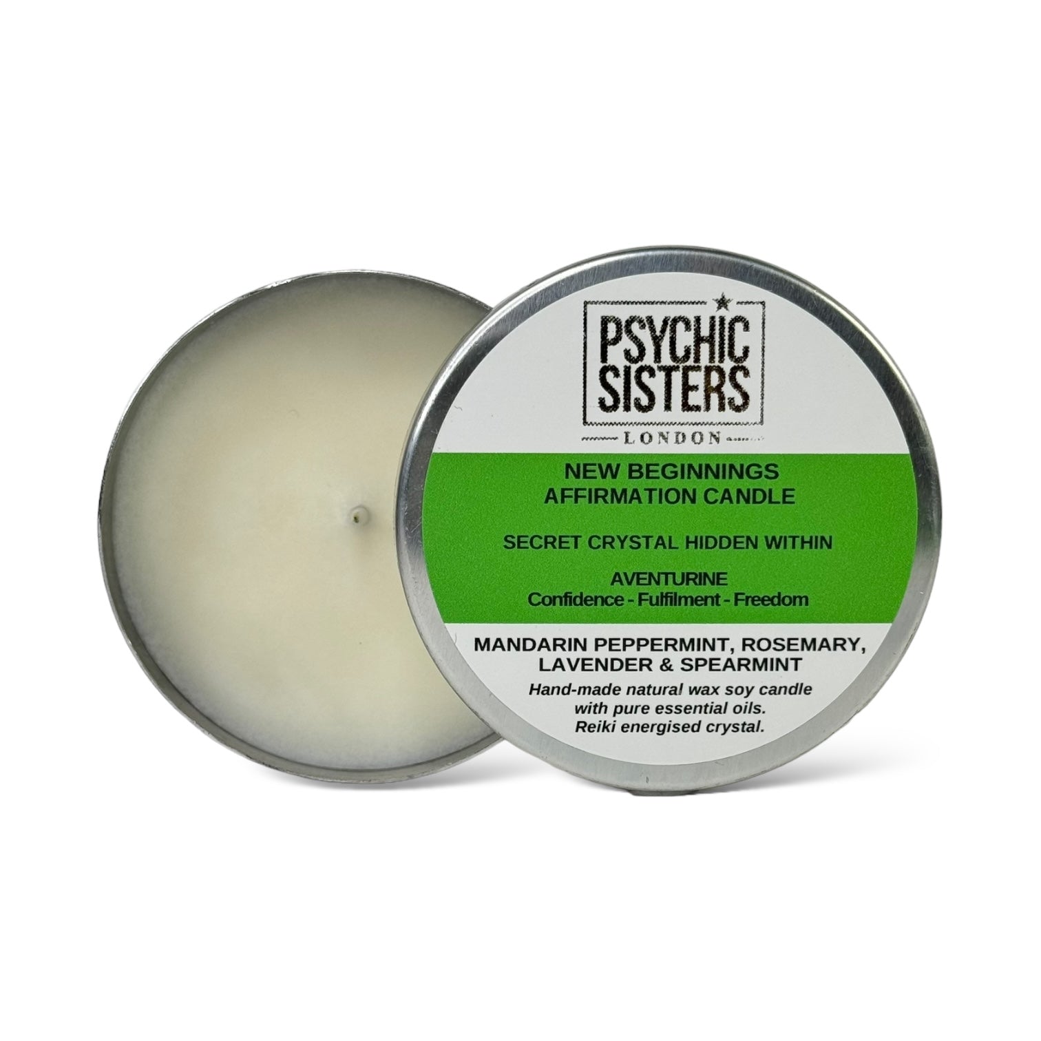 New Beginnings Tin Candle by Psychic Sisters with lavender, rosemary, mandarin, and spearmint scent.
